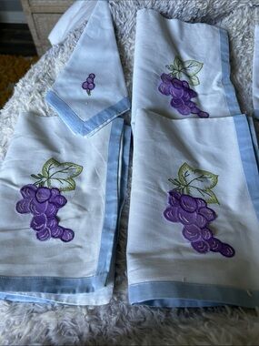 White Linen Napkins with Light Blue Border and Purple Grape Embroidery